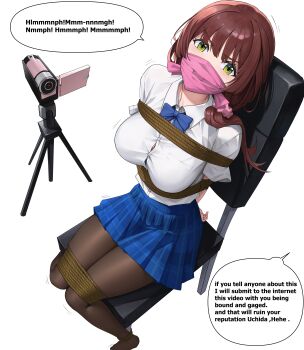 1girl absurdres bdsm black_pantyhose blue_skirt bondage bound breasts brown_hair chair chitose-kun_wa_ramune_bin_no_naka cloth_gag commission english_text gag gagged glaring green_eyes highres improvised_gag iqbqlz kidnapped large_breasts looking_at_viewer over_the_nose_gag pantyhose restrained shirt simple_background sitting skirt speech_bubble tied_to_chair uchida_yua white_background white_shirt