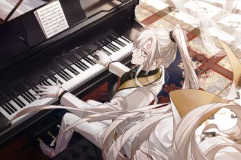 Rule 34 | 1boy, ascot, black ascot, black shirt, blue gem, brooch, chinese commentary, coat, commentary request, dress shoes, eyewear strap, floating clothes, flower facial mark, formal clothes, from above, full body, gem, glasses, gloves, grand piano, grey eyes, hair between eyes, high ponytail, highres, indoors, instrument, jewelry, jianxia qingyuan (series), jianxia qingyuan online 3, lapels, long hair, long sleeves, looking at viewer, male focus, music, pants, parted lips, piano, piano bench, playing instrument, playing piano, ponytail, profile, qinnye, round eyewear, rug, shawl lapels, sheet music, shirt, shoes, sidelocks, sideways glance, sitting, solo, suit, very long hair, white coat, white gloves, white hair, white pants, white shoes, white suit, window shadow, ye ying