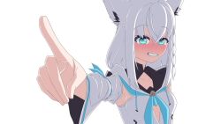 1girl ^_^ ahoge animal_ear_fluff animal_ears animated audible_speech blush braid closed_eyes commentary_request crossed_bangs detached_sleeves double_fox_shadow_puppet drawstring female_focus fox_ears fox_girl fox_shadow_puppet green_eyes hands_up highres hololive hood hood_down hoodie japanese_audio long_hair looking_at_viewer mizushiro_holo shirakami_fubuki shirakami_fubuki_(1st_costume) single_braid solo sound tagme video virtual_youtuber white_hair