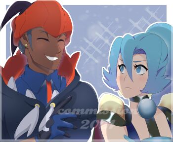 Rule 34 | 1boy, 1girl, 2021, beanie, blue eyes, blue hair, cape, clair (pokemon), closed eyes, commission, crossed arms, dark-skinned male, dark skin, earrings, frown, gloves, hair between eyes, hat, hood, hoodie, jewelry, jumpsuit, looking at another, nintendo, pokemon, pokemon hgss, pokemon swsh, ponytail, raihan (pokemon), ruzueleth, smile