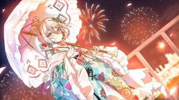 1girl absurdres aerial_fireworks cecilia_immergreen cecilia_immergreen_(new_year) commentary commission double_bun dutch_angle english_commentary fireworks frilled_sleeves frills green_eyes green_hair hair_between_eyes hair_bun hair_ornament highres holding holding_umbrella hololive hololive_english japanese_clothes kghazir kimono long_sleeves looking_at_viewer multicolored_hair night obi outdoors parasol railing sash short_hair sky smile solo star_(sky) starry_sky two-tone_hair umbrella vgen_commission virtual_youtuber wide_sleeves winding_key