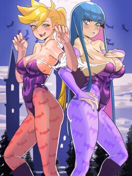 2girls absurdres animal_print bare_shoulders bat_(animal) bat_print black_boots blonde_hair blue_eyes blunt_bangs boots breasts bridal_gauntlets bright_pupils castle cleavage cloud colored_inner_hair commentary_request cosplay covered_navel darkstalkers earrings elbow_gloves fur-trimmed_leotard fur_trim gloves grey_nails hand_on_own_chest hand_on_own_hip hand_up highleg highleg_leotard highres idarasen jewelry large_breasts leotard lipstick long_hair looking_at_viewer makeup medium_breasts moon morrigan_aensland morrigan_aensland_(cosplay) multicolored_hair multiple_girls nail_polish night off-shoulder_leotard panty_&amp;_stocking_with_garterbelt panty_(psg) pantyhose pink_hair ponytail print_pantyhose purple_bridal_gauntlets purple_gloves purple_hair purple_leotard purple_lips purple_nails purple_pantyhose red_bridal_gauntlets red_lips red_pantyhose serious shiny_clothes shiny_skin sideboob sky standing stocking_(psg) swept_bangs tongue tongue_out tree two-tone_hair very_long_hair white_pupils