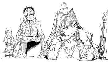 Rule 34 | 3girls, ahoge, aphrodite (fate), apple, breasts, cable, cellphone, closed eyes, commentary request, demeter (fate), dress, fate/grand order, fate (series), food, fruit, galatea (fate), glasses, greyscale, hair intakes, holding, holding polearm, holding weapon, large breasts, long hair, medium breasts, monochrome, multiple girls, phone, polearm, skirt, smartphone, syatey, very long hair, weapon