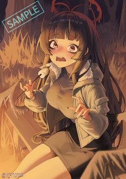 1girl absurdres antenna_hair bench black_hair black_nails black_wings blood blood_halo blue_archive blush breasts brown_eyes dress embarrassed food fur-trimmed_jacket fur_trim grey_dress grey_jacket halo highres holding holding_skewer jacket large_breasts liquid_halo long_hair marshmallow night open_mouth outdoors red_halo roasted_marshmallow sample_watermark sitting skewer solo tsurugi_(blue_archive) twitter_username watermark wings wooden_bench yc97