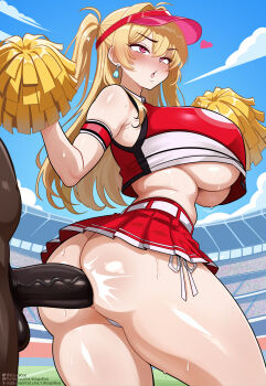 Rule 34 | 1boy, 1girl, absurdres, ahoge, anal, ass, blonde hair, blush, breasts, cheerleader, clay (nikke), clothed female nude male, dark-skinned male, dark skin, earrings, goddess of victory: nikke, highres, huge breasts, huge penis, interracial, jewelry, kogeikun, nude, open mouth, penis, piercing, pom pom (cheerleading), pom pom (clothes), red eyes, rolling eyes, sex, sex from behind, sweat, testicles, veins, veiny penis
