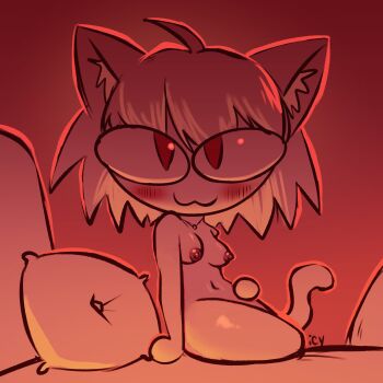 1girl :3 ahoge animal_ears bed blonde_hair blush cat_ears cat_tail highres icy_(artist) iseenudepeople neco-arc nipples nude nude_filter pillow red_eyes red_theme short_hair sitting solo strap_slip tail third-party_edit tsukihime type-moon