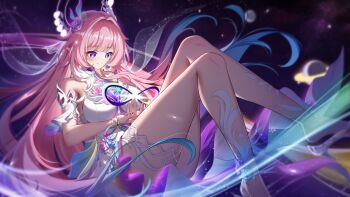 Rule 34 | 1girl, amphoreus (honkai: star rail), aqua hair, bare shoulders, barefoot, breasts, chinese commentary, commentary request, cyrene (demiurge) (honkai: star rail), cyrene (honkai: star rail), diamond-shaped pupils, diamond (shape), dress, earrings, elf, feet, halo, highres, honkai: star rail, honkai (series), jewelry, kaede uehara, large breasts, long hair, mobius strip, multicolored hair, pink hair, planet, planetary ring, pointy ears, purple eyes, smile, solo, space, symbol-shaped pupils, thighs, very long hair, white dress, white hair