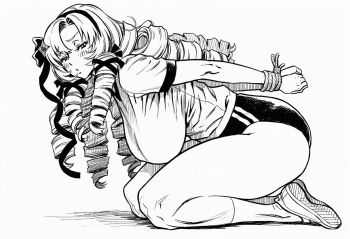 1girl :o alternate_breast_size_(larger) aquaberrymarine arms_behind_back ass asymmetrical_bangs blush breasts commentary_request drill_hair drill_sidelocks forehead gym_uniform hair_ornament hairband hyakumantenbara_salome impossible_clothes impossible_shirt knees large_breasts legs long_hair looking_at_viewer monochrome nijisanji nose parted_bangs parted_lips rope shadow shirt shoes short_sleeves sidelocks simple_background socks soles solo star_(symbol) star_hair_ornament t-shirt thighs white_background