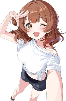 1girl :d absurdres aweqdre black_shorts blunt_bangs blush breasts brown_eyes brown_hair collarbone commentary_request feet_out_of_frame fingernails from_above gakuen_idolmaster hair_rings hanami_ume hands_up highres idolmaster large_breasts looking_at_viewer looking_up medium_hair midriff one_eye_closed open_clothes open_fly open_mouth open_shorts reaching reaching_towards_viewer salute shirt short_shorts short_sleeves shorts side_up_ring simple_background single_hair_ring single_off_shoulder smile solo tied_shirt white_background white_shirt