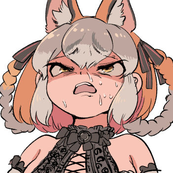 1girl animal_ears bare_shoulders belt brown_hair dress extra_ears fox_ears fox_girl grey_hair island_fox_(kemono_friends) kemono_friends kemono_friends_v_project long_hair looking_at_viewer mcgunngu ribbon simple_background solo sundress sweat twintails upper_body virtual_youtuber yellow_eyes