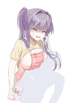 1girl 1other :d ^_^ alternate_costume alternate_hairstyle anger_vein angry apron areola_slip breast_press breasts clannad cleavage closed_eyes clothes_lift collared_shirt commentary_request cowboy_shot drink_carton false_smile fujibayashi_kyou hair_intakes hair_over_shoulder highres holding holding_drink_carton holding_milk_carton large_breasts long_hair melani_e milk milk_carton open_mouth pink_apron ponytail purple_hair ribbon sexually_suggestive shaded_face shirt shirt_lift short_sleeves sidelocks simulated_handjob smile solo_focus straight_hair sweat translation_request v-shaped_eyebrows white_ribbon yellow_shirt