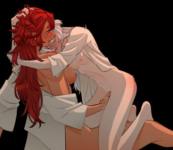 2girls absurdres blush breasts commentary_request fingering grey_eyes grey_hair gundam gundam_suisei_no_majo highres long_hair medium_breasts miorine_rembran multiple_girls nipples parted_lips red_hair snapagi suletta_mercury thick_eyebrows very_long_hair yuri