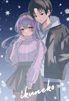 1boy 1girl absurdres adjusting_scarf black_eyes black_hair black_jacket black_pantyhose black_skirt cable_knit cloak closed_mouth commentary cowboy_shot curtained_hair english_commentary gradient_background hair_between_eyes hand_in_pocket hand_up high-waist_skirt highres hood hood_down hooded_cloak jacket long_hair long_sleeves looking_at_another nyanyasamu open_clothes open_jacket original pantyhose pleated_skirt purple_eyes purple_scarf purple_sweater scarf school_uniform short_hair skirt sleeve_cuffs sleeves_past_wrists snowflakes standing suit_jacket sweater sweater_tucked_in white_jacket