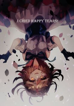 1girl black_gloves blue_ribbon blue_sash breasts brown_hair clothing_cutout commentary_request cowboy_shot dress english_text gloves grey_background grey_horns horns kijin_seija looking_at_viewer medium_breasts multicolored_hair neck_ribbon one-hour_drawing_challenge open_mouth puffy_short_sleeves puffy_sleeves red_hair ribbon sash shinjitsu_no_kuchi short_hair short_sleeves shoulder_cutout small_horns smile solo streaked_hair touhou upside-down white_dress yellow_eyes