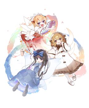 3girls black_footwear blonde_hair blue_bow blue_dress bow brown_eyes brown_footwear brown_hair commentary_request dress full_body hair_bow headdress highres long_hair looking_at_viewer luna_child multiple_girls open_mouth orange_hair purple_eyes red_dress sia_6767 simple_background star_sapphire sunny_milk touhou triangle_mouth two_side_up white_background white_dress wings
