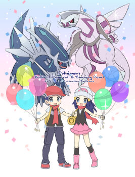 1boy 1girl :d bag balloon beanie black_socks boots cocoloco commentary_request copyright_name dated dawn_(pokemon) dialga duffel_bag eyelashes gen_4_pokemon grey_eyes hair_ornament hairclip hat holding holding_string kneehighs legendary_pokemon long_hair lucas_(pokemon) nintendo open_mouth palkia pants pink_boots pink_skirt pokemon pokemon_(creature) pokemon_bdsp red_headwear red_scarf scarf shirt shoes short_hair short_sleeves skirt sleeveless sleeveless_shirt smile socks sparkle standing string tongue white_headwear