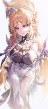 1girl absurdres bare_shoulders blonde_hair blush breasts chun_nam commentary detached_sleeves dress from_above genshin_impact hat highres large_breasts long_hair long_sleeves looking_at_viewer nicole_(genshin_impact) parted_lips pointy_ears simple_background sitting smile solo untranslatable_commentary white_dress