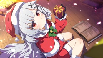 Rule 34 | 1girl, absurdres, between legs, black gloves, blurry, blurry background, blush stickers, book, bow, box, closed mouth, commentary request, commission, depth of field, dress, feet out of frame, frilled sleeves, frills, from side, gift, gift box, gloves, green bow, grey hair, hair ornament, hand between legs, hat, highres, holding, holding gift, layered sleeves, long sleeves, looking at viewer, looking to the side, okota mikan, on floor, open book, original, puffy long sleeves, puffy sleeves, red dress, red eyes, red hat, santa costume, santa hat, short over long sleeves, short sleeves, sitting, skeb commission, solo, wariza, wooden floor, x hair ornament