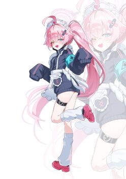 1girl ahoge alternate_costume apron aqua74286 armband bandaid bandaid_hair_ornament belt blue_archive blue_armband blue_eyes blush commentary crocs enmaided fang from_side full_body hair_between_eyes hair_ornament halo heterochromia highres hoshino_(blue_archive) jersey_maid leg_up long_hair long_sleeves looking_at_viewer looking_back loose_socks maid maid_apron maid_headdress no_pants open_mouth pink_hair pink_halo ponytail ribbon skin_fang sleeves_past_fingers sleeves_past_wrists smile socks solo symbol-only_commentary thigh_belt thigh_strap unconventional_maid v-shaped_eyebrows very_long_hair w_arms white_apron white_ribbon yellow_eyes zoom_layer