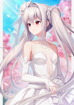 1girl 2025 absurdres alternate_costume armpit_crease bare_shoulders blurry blurry_background blush braid breasts bridal_gauntlets cherry_blossoms closed_mouth collarbone commentary_request cowboy_shot crown_braid dated_commentary day dress dress_flower eyelashes fingernails flower hair_flower hair_intakes hair_ornament happy highres jewelry long_hair looking_ahead maijin_(ayisaka) necklace outdoors pearl_necklace red_eyes rose sakurakouji_luna sleeveless sleeveless_dress small_breasts smile solo sunlight tsuki_ni_yorisou_otome_no_sahou twintails very_long_hair wedding_dress white_bridal_gauntlets white_dress white_flower white_hair white_rose