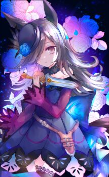Rule 34 | 1girl, animal ears, bare shoulders, black thighhighs, blue dress, blue flower, blue hat, blue rose, breasts, brown hair, commentary request, dagger, dress, flipped hair, flower, fur choker, hair over one eye, hat, hat flower, highres, holding, holding dagger, holding knife, holding weapon, horse ears, horse girl, horse tail, kazu (muchuukai), knife, long hair, long sleeves, looking at viewer, off-shoulder dress, off shoulder, parted lips, purple eyes, rice shower (rosy dreams) (umamusume), rice shower (umamusume), rose, sheath, small breasts, solo, tail, thighhighs, tilted headwear, umamusume, weapon