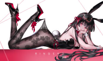 1girl absurdres alternate_costume animal_ear_hairband animal_ears artist_name ass bare_shoulders black_hair black_leotard black_pantyhose black_shoes breasts chisa_(wuthering_waves) cleavage closed_mouth commentary english_text fake_animal_ears fake_tail footwear_ribbon from_side gradient_background hair_ribbon hairband high_heels highres hooked_on_heel lace lace_pantyhose lace_pantyhose_hooked_on_heel_(meme) leotard long_hair looking_at_viewer medium_breasts meme pantyhose pink_background playboy_bunny rabbit_ear_hairband rabbit_ears rabbit_tail red_eyes red_ribbon ribbon ringeko-chan shoes solo strapless strapless_leotard tail variant_set very_long_hair white_background wrist_cuffs wuthering_waves