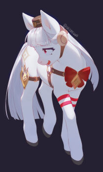animal animal_focus animalization black_background blunt_bangs bow commentary cutie_mark english_commentary full_body gold_ship_(umamusume) grey_hair highres hooves horse long_hair my_little_pony my_little_pony:_friendship_is_magic no_humans pillbox_hat pony_(animal) recursive_animalization red_eyes simple_background smile solo standing theartgun umamusume watermark