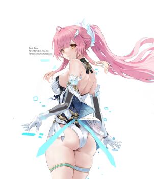 1girl absurdres aemeath_(wuthering_waves) aimu_(angry9565) artist_name ass back bare_shoulders breasts closed_mouth commentary_request elbow_gloves from_behind gloves hair_ornament highres leotard long_hair looking_at_viewer looking_back medium_breasts partial_commentary pink_hair smile solo star-shaped_pupils star_(symbol) symbol-shaped_pupils thigh_strap thighs white_gloves white_leotard wuthering_waves