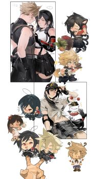 ! 1boy 1girl 4k1030 ? absurdres aged_down animal_ears apron arm_ribbon arrow_through_heart bare_shoulders baseball_cap beer_mug bikini bikini_under_clothes black_apron black_bikini black_gloves black_hair black_shorts black_skirt black_thighhighs blonde_hair blue_eyes blue_shorts cat_ears cat_tail character_print chibi chibi_inset cloud_strife commentary cowboy_shot crop_top cup denim denim_skirt dog_ears dog_tail dress earrings elbow_gloves english_commentary final_fantasy final_fantasy_vii final_fantasy_vii:_advent_children final_fantasy_vii:_ever_crisis final_fantasy_vii_remake fingerless_gloves flying_sweatdrops frayed_skirt gloves grey_skirt hat highres holding holding_plate jewelry long_hair looking_at_another low-tied_long_hair midriff miniskirt moogle motion_lines mug multiple_views navel official_alternate_costume open_mouth plate red_eyes red_ribbon ribbon running sandals see-through_clothes see-through_shirt shirt short_hair shorts single_arm_guard skirt sleeveless sleeveless_turtleneck spiked_hair spoken_blush spoken_exclamation_mark suspender_skirt suspenders sweatdrop sweater swimsuit t-shirt tail talking_on_phone tank_top thighhighs tied_shirt tifa_lockhart tifa_lockhart_(lifeguard) turtleneck turtleneck_sweater twitter_username waist_apron white_dress white_shirt white_tank_top zettai_ryouiki