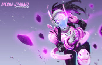 1girl absurdres black_hair boku_no_hero_academia breasts character_name commentary dreadlocks english_commentary floating glowing glowing_eyes grey_background highres humanoid_robot jeffrey_chen mechanical_hair mechanization medium_breasts own_hands_together pink_eyes robot rock running science_fiction solo uraraka_ochako