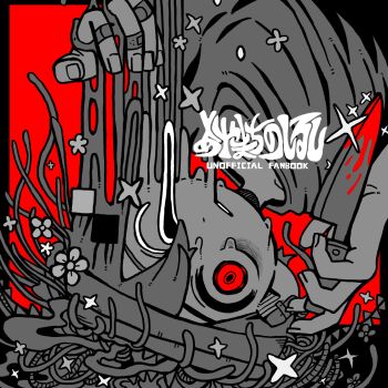 1boy absurdres bandaged_head bandages bandaid bandaid_on_finger bandaid_on_hand blood bloody_knife bloody_weapon commentary_request english_text flower greyscale_with_colored_background highres holding holding_knife knife looking_at_viewer male_focus mixed-language_text omori parted_lips red_background red_eyes simple_background solo spoilers spot_color sunny_(omori) translation_request uminosoko44 upper_body upside-down weapon