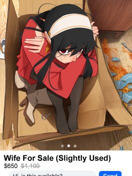 1girl absurdres black_eyes black_hair black_socks boots box broken_plate carton earrings facebook_like floor food fork highres jewelry khyle. pasta plate red_eyes red_shirt shirt shoes socks spaghetti spy_x_family unworn_boots unworn_shoes wooden_floor yor_briar