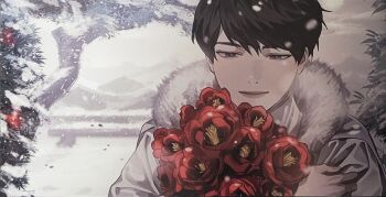 1boy aegyo_sal artbook bench black_eyes black_hair blackbox_(blackbox9158) bouquet camellia coat flower fur-trimmed_hood fur_collar fur_trim half-closed_eyes highres holding holding_bouquet hood hood_down hugging_object kim_dokja light_smile looking_at_flowers official_art omniscient_reader&#039;s_viewpoint outdoors red_flower short_hair snow snowing solo third-party_source tree upper_body white_coat winter winter_clothes