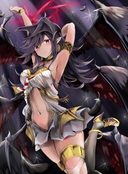 1girl armlet bare_shoulders black_hair black_wings bracelet breasts cowboy_shot dark-skinned_female dark_skin darklord_ixchel duel_monster earrings fallen_angel feathered_wings halo head_wings highres jewelry kuromiko_shoujo large_breasts long_hair midriff multiple_wings navel neck_ring pointy_ears red_eyes solo swept_bangs thighhighs torn_clothes torn_thighhighs wings yu-gi-oh!