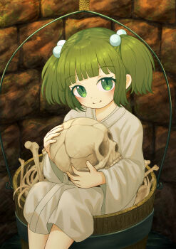 1girl absurdres blush bone bucket closed_mouth commentary commentary_request ekaapetto english_commentary green_eyes green_hair hair_bobbles hair_ornament highres holding holding_skull japanese_clothes kimono kisume long_sleeves looking_at_viewer making-of_available mixed-language_commentary paid_reward_available sitting skull smile solo touhou twintails well white_kimono wide_sleeves wooden_bucket