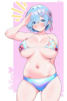 1girl ? absurdres alternate_breast_size_(larger) bikini blue_eyes blue_hair blush breasts copyright_name hair_ornament hair_ribbon highres large_breasts mukakin:zero navel pink_ribbon re:zero_kara_hajimeru_isekai_seikatsu rem_(re:zero) ribbon short_hair smile swimsuit x_hair_ornament