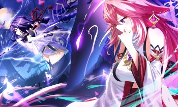 2girls absurdres animal_ears bare_shoulders black_thighhighs braid breasts bridal_gauntlets commentary_request detached_sleeves eiryu33 floppy_ears fox_ears from_side full_moon gem genshin_impact hair_between_eyes highres holding holding_sword holding_weapon japanese_clothes kimono large_breasts long_hair long_sleeves low-braided_long_hair low-tied_long_hair moon multiple_girls night nontraditional_miko pink_hair purple_eyes purple_gemstone purple_hair purple_kimono purple_lightning raiden_shogun sword thighhighs very_long_hair weapon wide_sleeves yae_miko