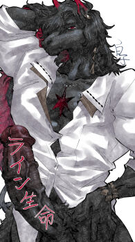 1boy abs adversarial_noise andenate_maryam_(arknights) animal_ears arknights arm_behind_head artist_name bara braid closed_mouth commentary_request erection furry furry_male hand_on_own_hip highres horse_boy horse_ears jewelry large_penis looking_at_viewer male_focus muscular muscular_male necklace no_male_underwear no_pants pectorals penis red_eyes shirako_(kirupi) testicles white_background