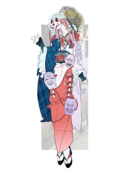 1girl alternate_costume alternate_hairstyle black_sandals expressionless fox_mask frills full_body glasses gradient_clothes gradient_skirt hair_between_eyes hat hata_no_kokoro highres long_hair long_sleeves looking_at_viewer mask mask_on_head nail_polish pink_eyes pink_hair pink_nails plaid_clothes round_eyewear sandals shoes skirt solo touhou two-tone_shirt very_long_hair white_shoes zenritsu