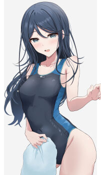 Rule 34 | 1girl, armpit crease, bare arms, black hair, black one-piece swimsuit, blush, border, breasts, collarbone, commentary, competition swimsuit, contrapposto, covered navel, cowboy shot, gluteal fold, grey background, grey eyes, groin, hair between eyes, hand up, highleg, highleg one-piece swimsuit, highres, holding, holding towel, hoshino ichika (project sekai), kunizaki, long hair, long sidelocks, looking at viewer, medium breasts, one-piece swimsuit, open mouth, outside border, project sekai, sidelocks, simple background, solo, standing, sweat, swimsuit, thighs, towel, tsurime, two-tone one-piece swimsuit, white border