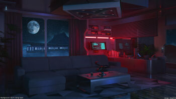 3d couch highres indoors moon night no_humans original scenery science_fiction sitai_xiii window