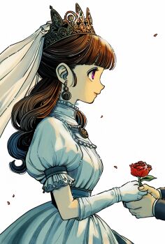 1boy 1girl alena_(dq4) alternate_costume black_sleeves bridal_veil bride brown_hair closed_mouth collared_dress cowboy_shot crown dragon_quest dragon_quest_iv dress earrings eyelashes falling_petals fingernails flower frilled_dress frilled_sleeves frills from_side gloves gold_crown gold_earrings gown happy hetero high_collar holding holding_flower holding_hands jewelry layered_sleeves lips long_hair long_sleeves looking_at_another okita_(sukult_4) out_of_frame petals pink_lips pleated_dress puffy_short_sleeves puffy_sleeves purple_eyes red_flower red_rose rose rose_petals sharing short_sleeves simple_background smile solo_focus tareme veil wavy_hair wedding wedding_dress white_background white_dress white_gloves white_veil