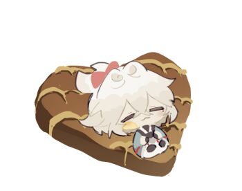 =_= antenna_hair chibi chibi_only closed_eyes cookie food hair_between_eyes honkai:_star_rail honkai_(series) jing_yuan long_hair male_focus mini_person mississipping ponytail smile solo white_background white_hair