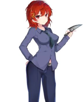 1girl :3 belt black_belt blue_pants blue_shirt breasts closed_mouth collared_shirt covered_erect_nipples feet_out_of_frame game_cg grey_necktie hair_between_eyes hair_ornament hairclip hand_on_own_hip holding holding_knife holding_weapon jewelry_(pronant_symphony) knife large_variant_set long_sleeves looking_at_viewer medium_breasts medium_hair necktie pants pronant_symphony red_eyes red_hair shirt simple_background smile solo standing tachi-e tefun_(tehun) third-party_source transparent_background tsurime untucked_shirt variant_set weapon