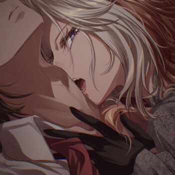 1boy 1girl black_gloves black_hair commentary_request gloves grey_shirt hand_on_another's_neck highres multicolored_hair necktie open_mouth orange_hair orfevre_(umamusume) parted_lips purple_eyes red_necktie shirt trainer_(umamusume) two-tone_hair umamusume white_hair white_shirt yue_(lov_n_n)