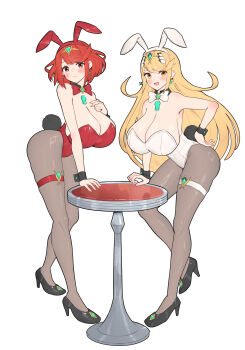 2girls absurdres alternate_costume animal_ears bare_shoulders blonde_hair blush bob_cut bow bowtie breasts chest_jewel cleavage closed_mouth collar core_crystal_(xenoblade) detached_collar earrings fake_animal_ears floating_earrings full_body gem gonzarez headpiece high_heels highres huge_breasts jewelry large_breasts long_hair looking_at_viewer multiple_girls mythra_(xenoblade) open_mouth pantyhose playboy_bunny pyra_(xenoblade) rabbit_ears rabbit_tail red_bow red_bowtie red_eyes red_hair short_hair simple_background smile swept_bangs table tail tiara very_long_hair white_background white_bow white_bowtie wrist_cuffs xenoblade_chronicles_(series) xenoblade_chronicles_2 yellow_eyes