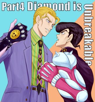 2boys anchor_symbol black_hair blonde_hair blue_eyes commentary_request copyright_name crazy_diamond diamond_wa_kudakenai formal_clothes gakuran height_difference higashikata_josuke highres jacket jojo_no_kimyou_na_bouken killer_queen kira_yoshikage male_focus multiple_boys necktie open_mouth pompadour purple_eyes purple_jacket purple_suit school_uniform shirt smile stand_(jojo) striped_clothes striped_shirt suit takumi1230g