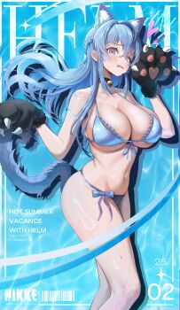 Rule 34 | 1girl, @ @, absurdres, alternate costume, animal ears, animal hands, barcode, bare legs, bare shoulders, bell, bikini, black collar, blue eyes, blue hair, blue ribbon, blue tail, blush, braid, breasts, cat ears, cat tail, character name, collar, copyright logo, cover, cover page, double-parted bangs, embarrassed, english text, fake animal ears, fake magazine cover, fake tail, feet out of frame, front-tie bikini top, front-tie top, goddess of victory: nikke, hair between eyes, hair intakes, helm (nikke), highres, ion 932, jingle bell, large breasts, logo, long hair, magazine cover, neck bell, paw pose, ribbon, shiny skin, sidelocks, skindentation, solo, standing, sweat, swimsuit, tail