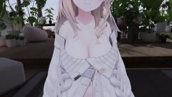 1girl 3d animal_ears animated blonde_hair blue_eyes bouncing_breasts breasts cat_ears character_request closed_eyes grabbing_own_breast half-closed_eyes large_breasts long_hair looking_at_viewer navel no_bra seductive_gaze seductive_smile smile solo sweater tagme teasing video