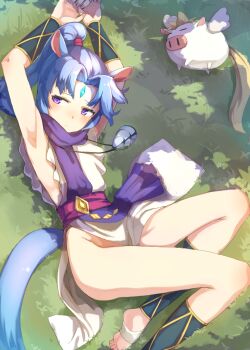 Rule 34 | 10s, 1girl, animal ears, armpits, arms up, bad id, bad pixiv id, bare hips, barefoot, blue hair, day, dog days, feet, female focus, forehead jewel, gold trim, grass, horse ears, horse girl, horse tail, legs, lying, no panties, on back, outdoors, ponytail, purple eyes, sharu (dog days), short hair, solo, stirrup legwear, tabard, tail, thighs, toeless legwear, u (kuroinu0107), u (mikaduki0720)